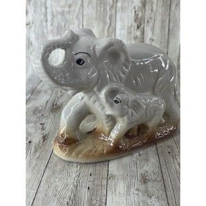 7” Vintage Ceramic Elephant Figurine with Baby Made in Brazil Good Luck Money